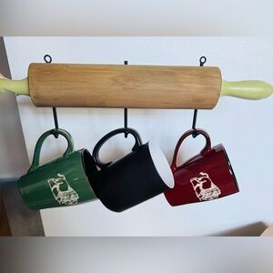 Vintage Wooden Farmhouse 3-Hook Rolling Pin Wall Hanging With Metal Hooks 18"